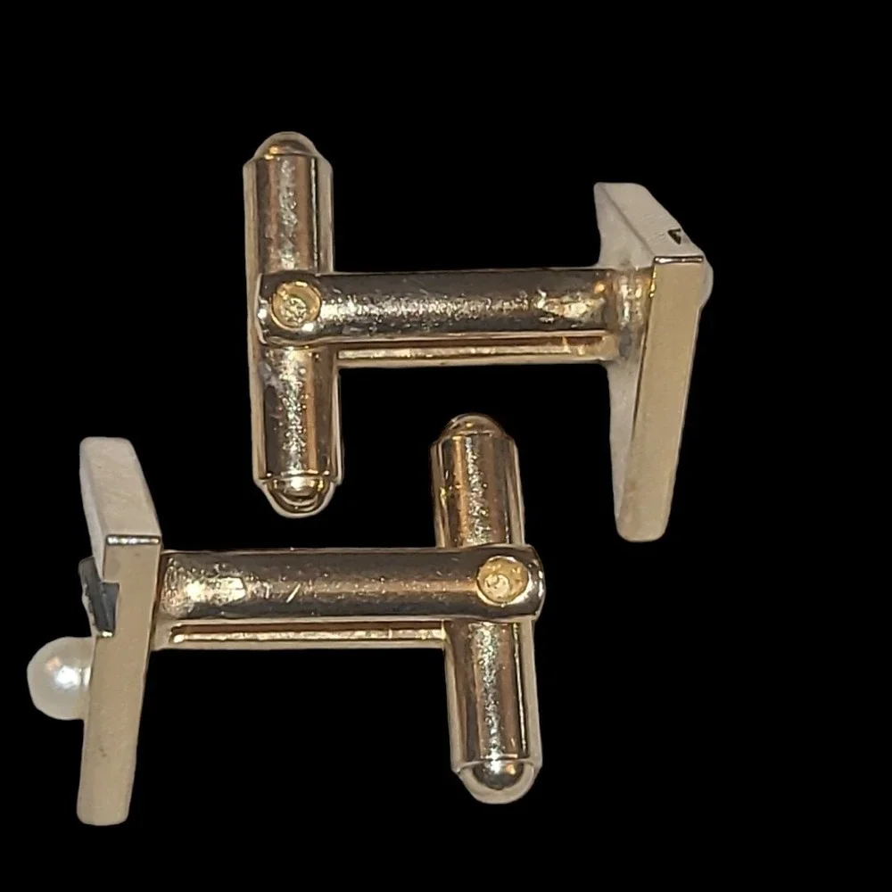 Vintage Gold Tone Faux Pearls‎ Black Enamel Men's Triangle Cufflinks Unsigned
